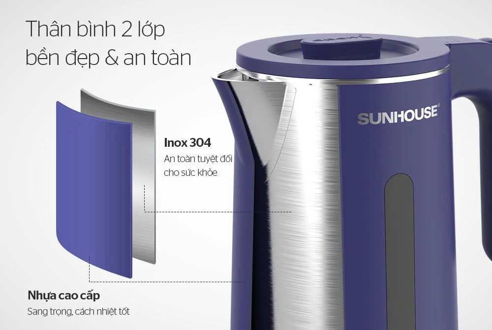 Ấm siêu tốc inox 2 lớp 1.8L XANH ĐEN Sunhouse - SHD1355
