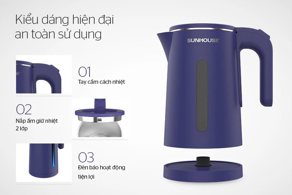 Ấm siêu tốc inox 2 lớp 1.8L XANH ĐEN Sunhouse - SHD1355