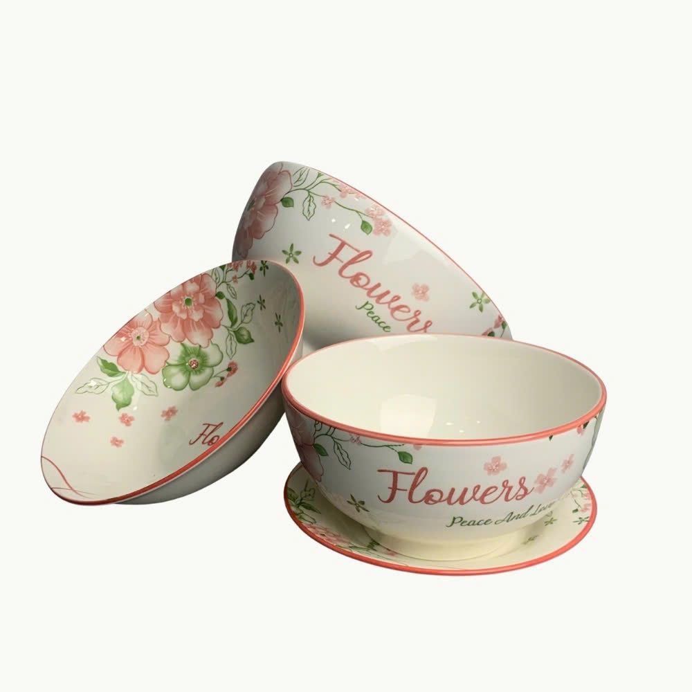 Tô sứ trắng họa tiết hoa viền hồng size 8