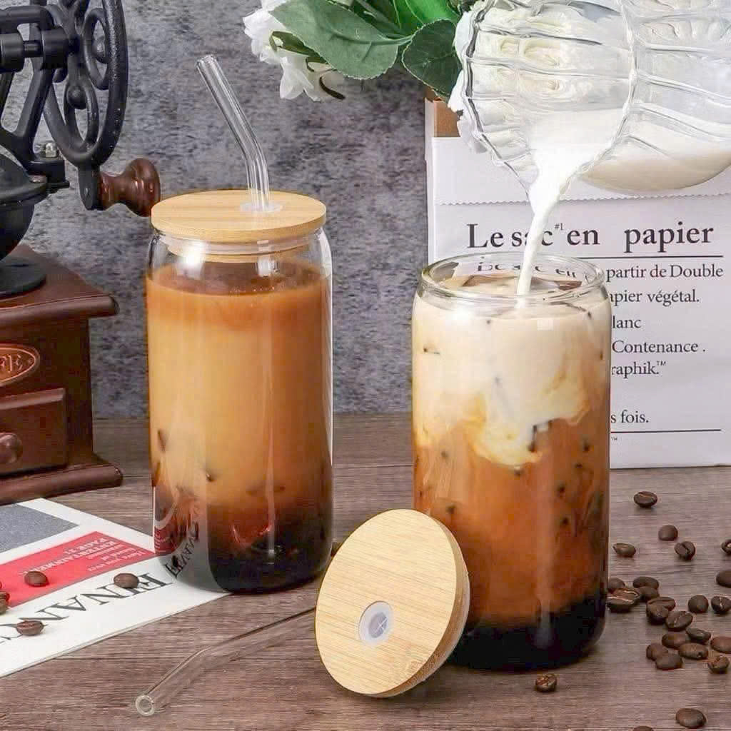 Ly thuỷ tinh nắp gỗ kèm ống hút chịu nhiệt 500ml