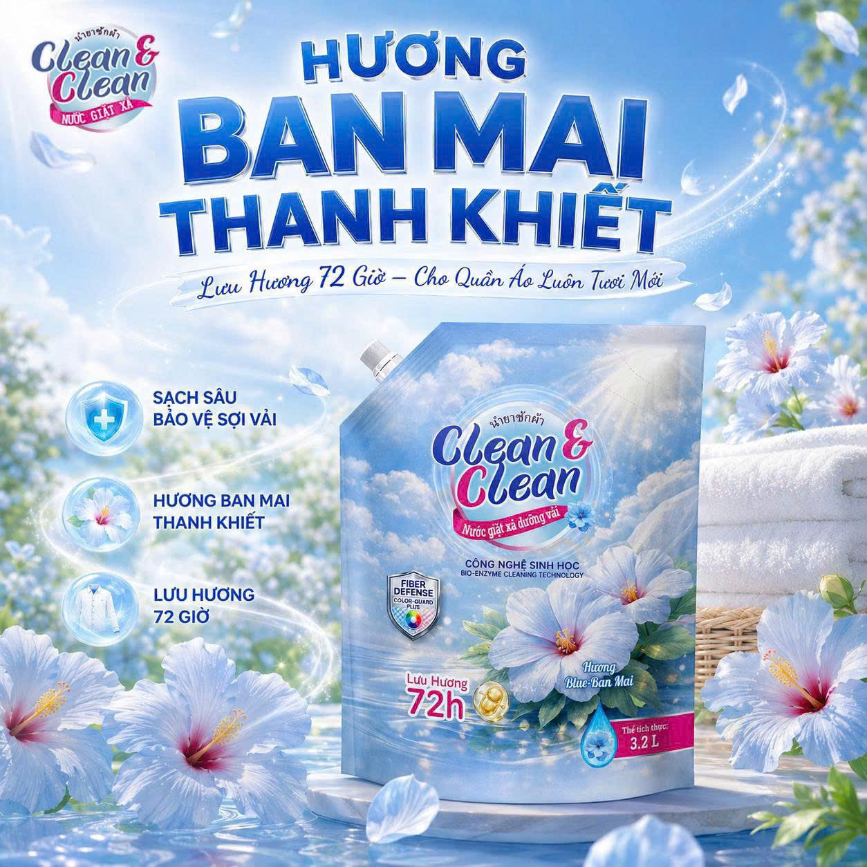 Nước giặt xả dưỡng vải Clean & Clean Hương Ban Mai 3.2kg