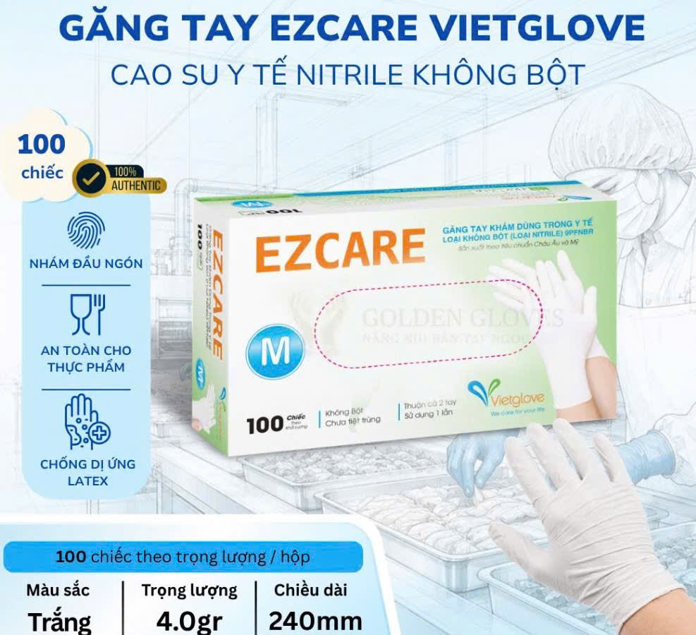 Găng tay cao su y tế Nitrile không bột EZCARE Màu Trắng
