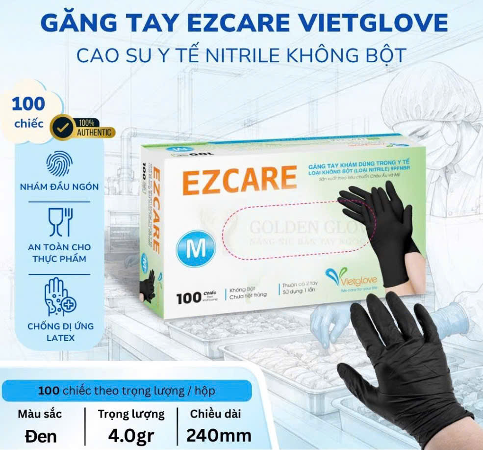 Găng tay cao su y tế Nitrile không bột EZCARE Màu Đen
