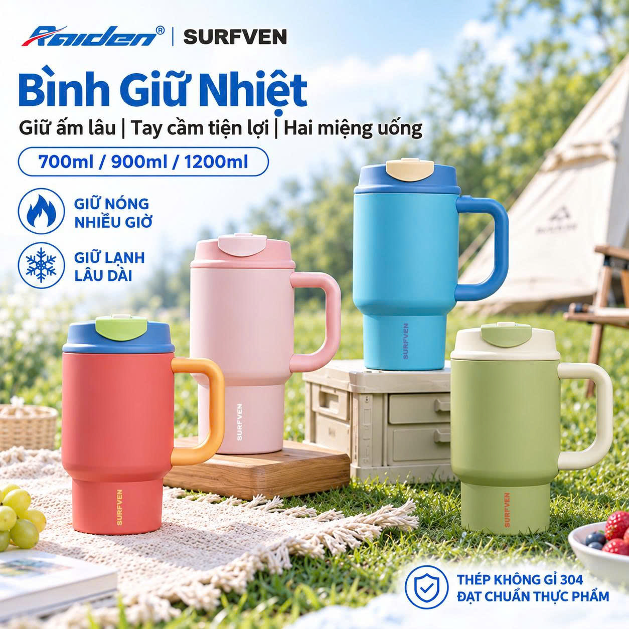 Bình giữ nhiệt có tay cầm thời trang SURFVEN 900ml SFE-2590