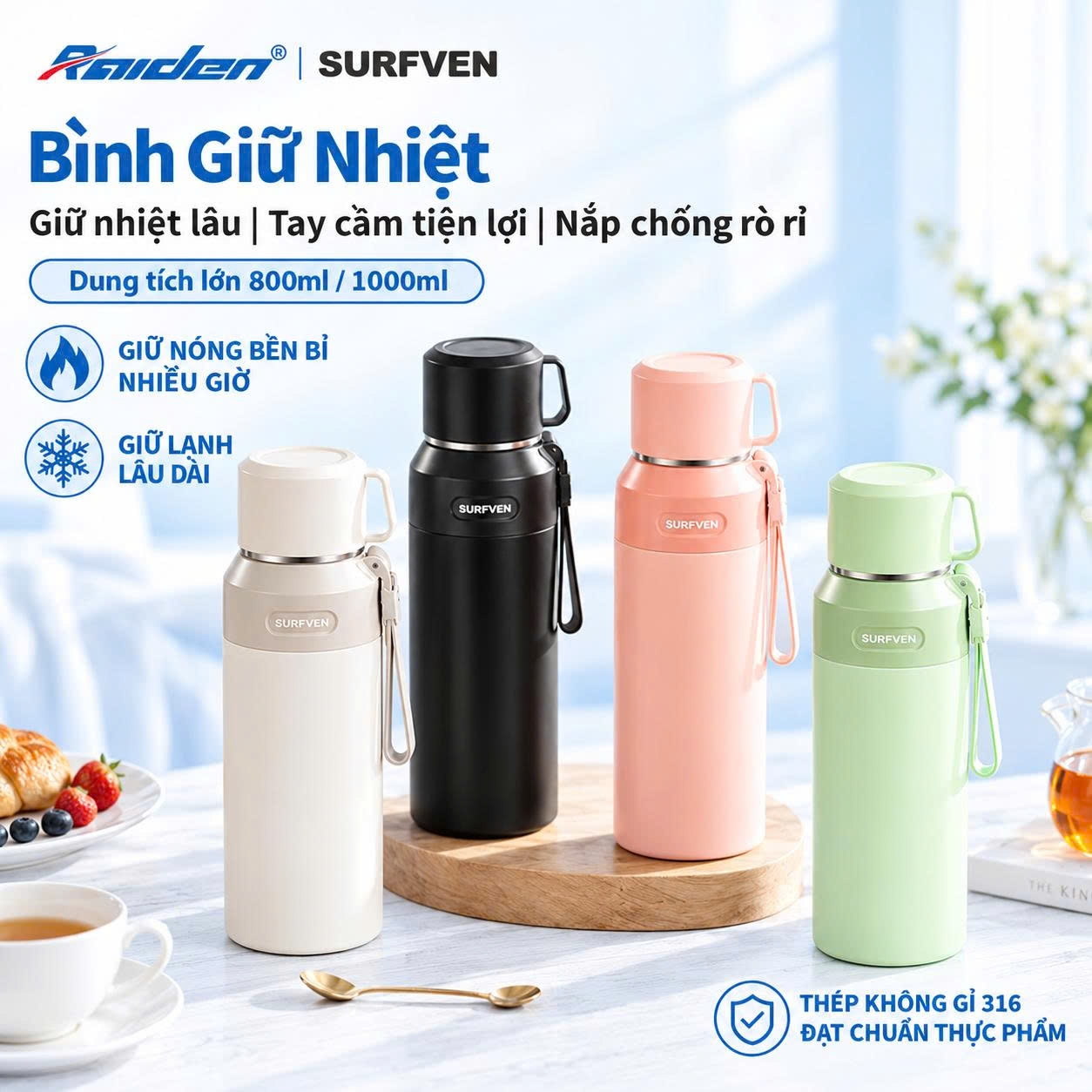Bình giữ nhiệt kèm cốc SURFVEN 1000ml SFB-24100