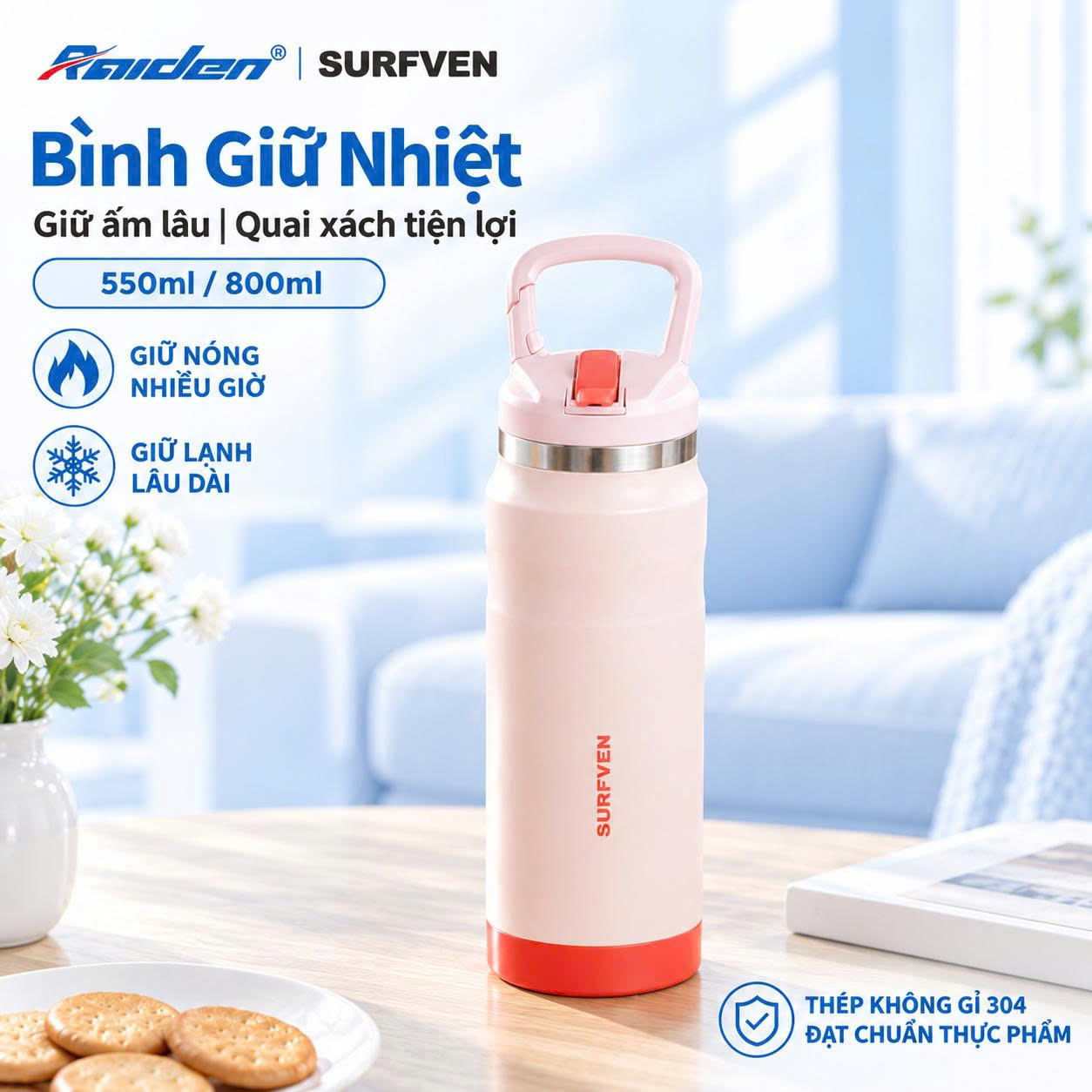 Bình giữ nhiệt có quai xách nắp vặn SURFVEN 800ml SFD-2580