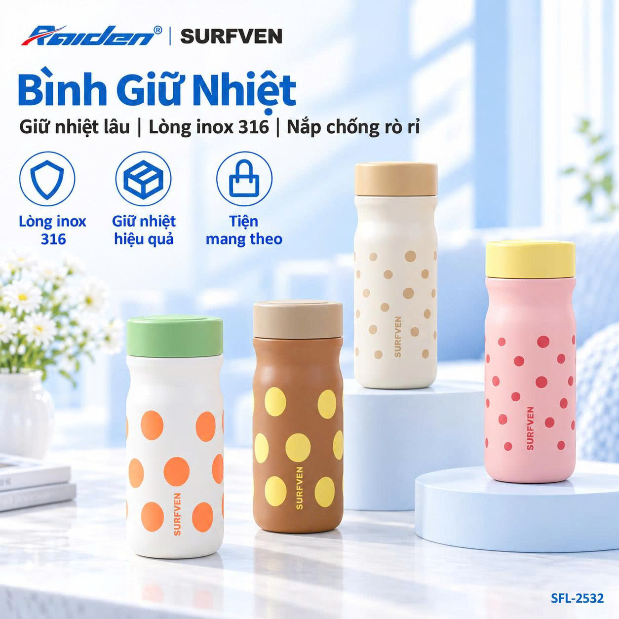 Bình giữ nhiệt chấm bi SURFVEN 320ml SFL-2532