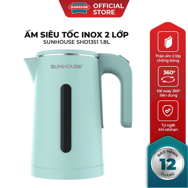 Ấm siêu tốc inox 2 lớp 1.8L XANH MINT Sunhouse SHD1351