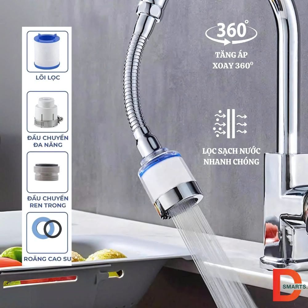 Đầu nối vòi nước tích hợp bông lọc hoạt tính xoay 360
