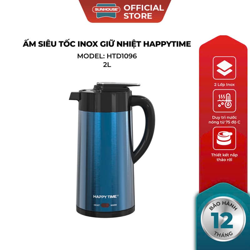 Ấm siêu tốc inox giữ nhiệt 2Lít Happytime HTD1096