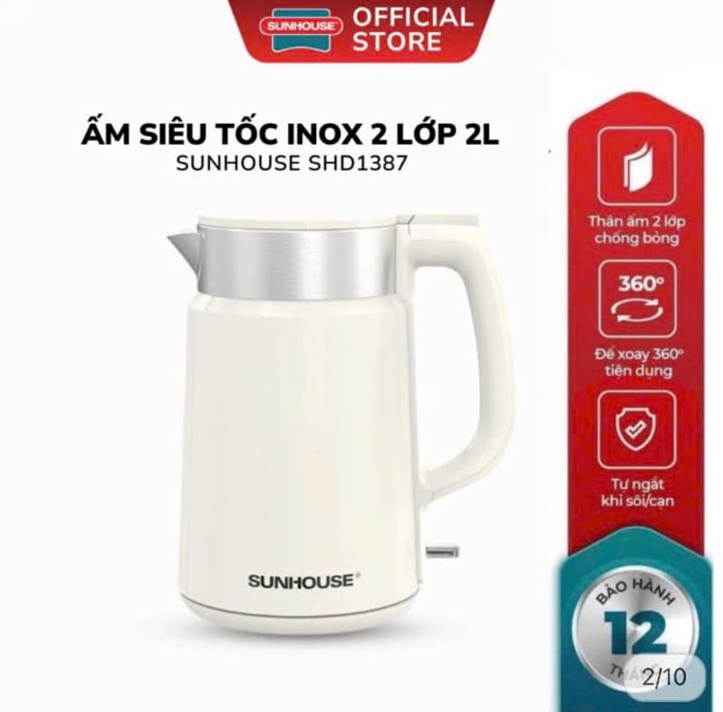 Ấm siêu tốc Inox 2 lớp 2L Sunhouse SHD1387