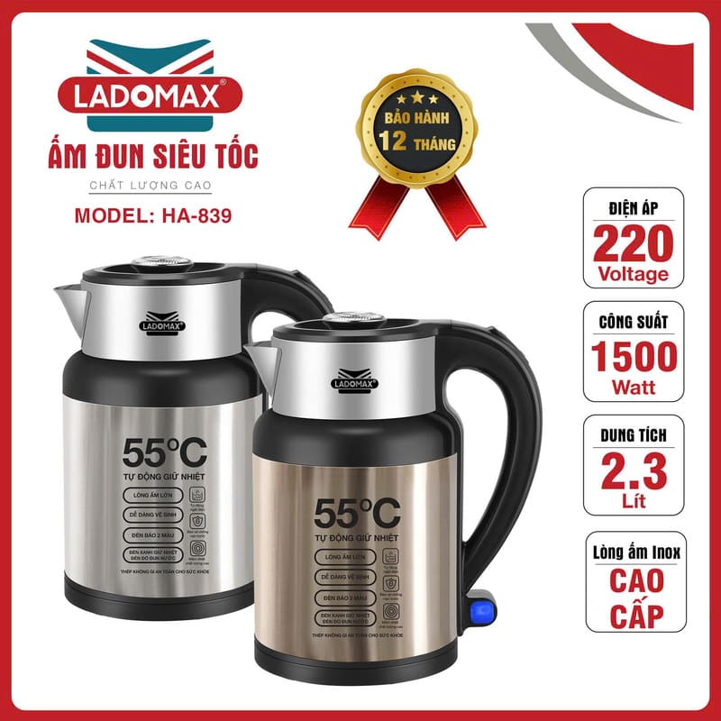 Ấm siêu tốc giữ nhiệt Ladomax HA-839