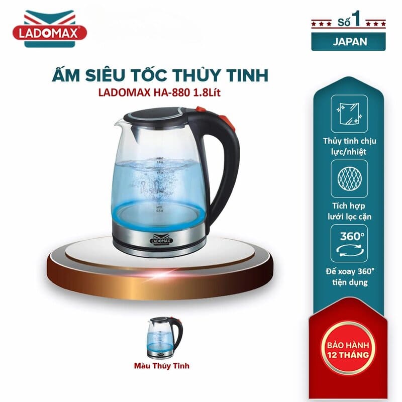 Ấm siêu tốc thuỷ tinh Ladomax 1.8 Lít HA-880 cao cấp