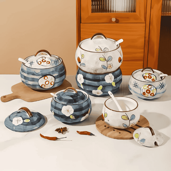 Hũ đựng mỡ gốm sứ hình hoa lá kèm thìa 600ml