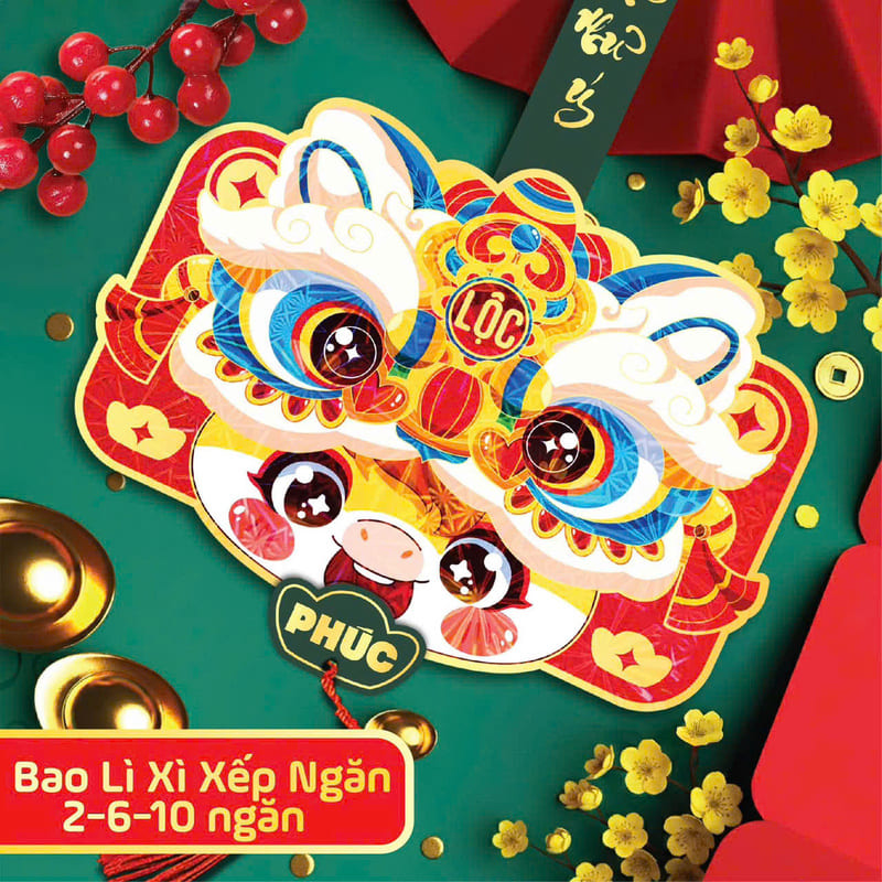 Set 5 cái bao lì xì Lân xếp 6 ngăn