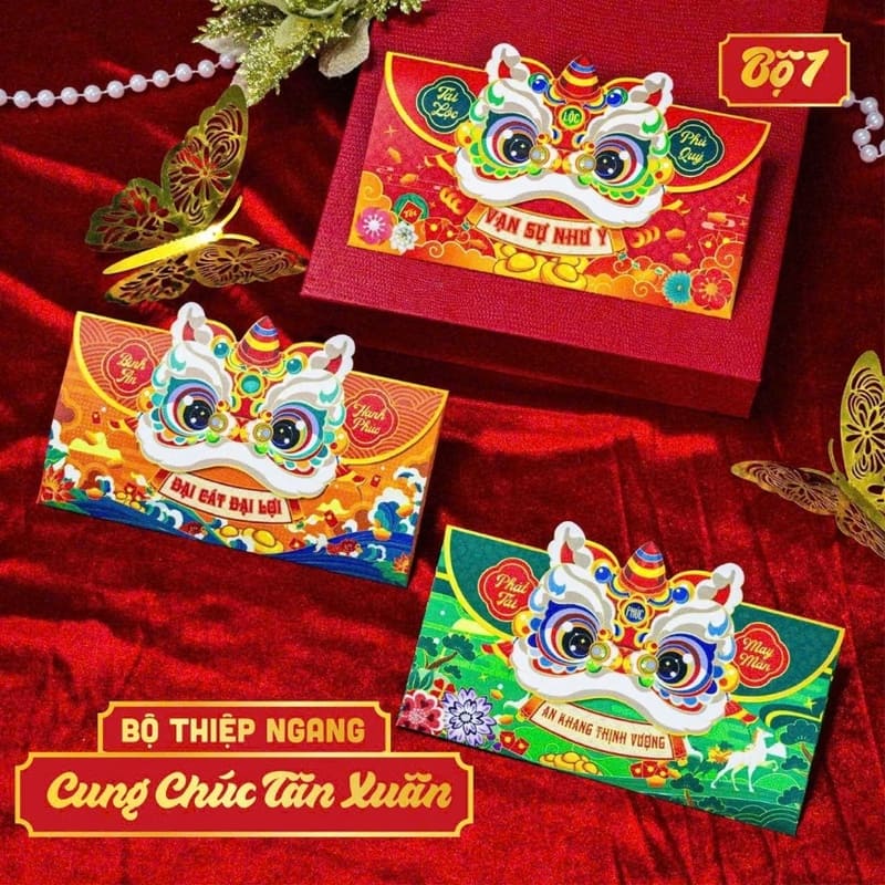 Set 3 bao lì xì đầu lân ngang