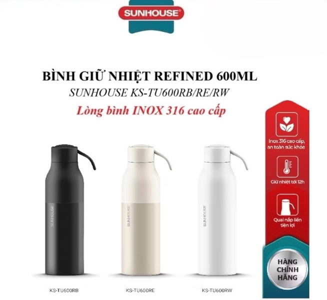 Bình giữ nhiệt Refined 600ml Sunhouse KS-TU600RB/ KS-TU600RE