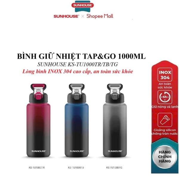 Bình giữ nhiệt Tap&Go 1000ml Sunhouse KS-TU1000TR