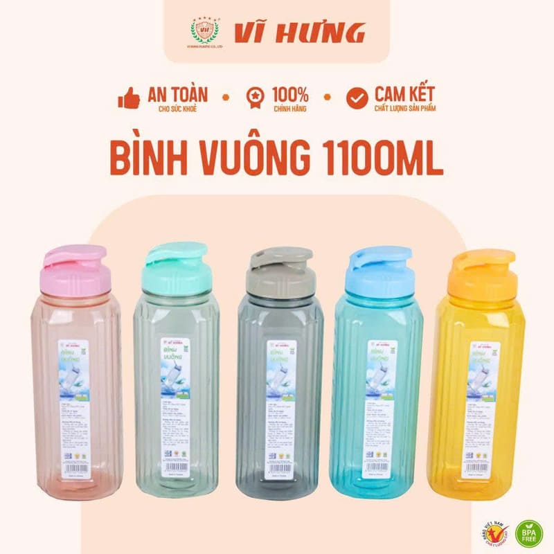 Bình đựng nước thể thao Vuông 1100ml VH