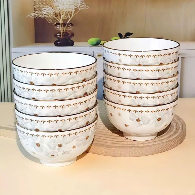 Combo 10 chén sứ ăn cơm hoa dừa trắng size 4.5inch