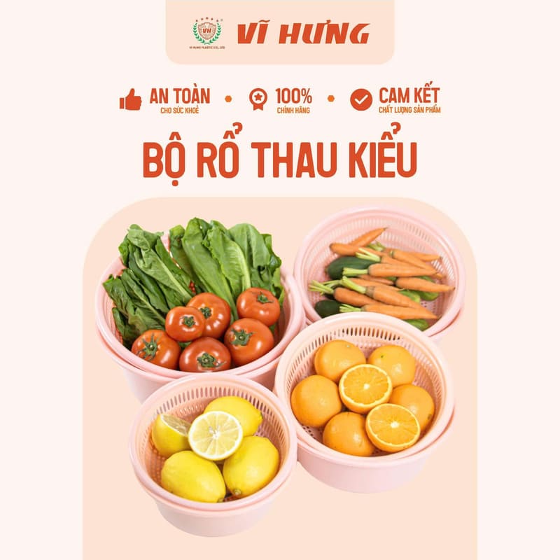 Bộ thau rổ kiểu tiện dụng 2T0 nhựa Vĩ Hưng 3419