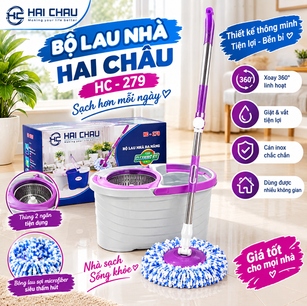 Bộ thùng lau nhà xoay 360 độ lồng nhựa HC-279