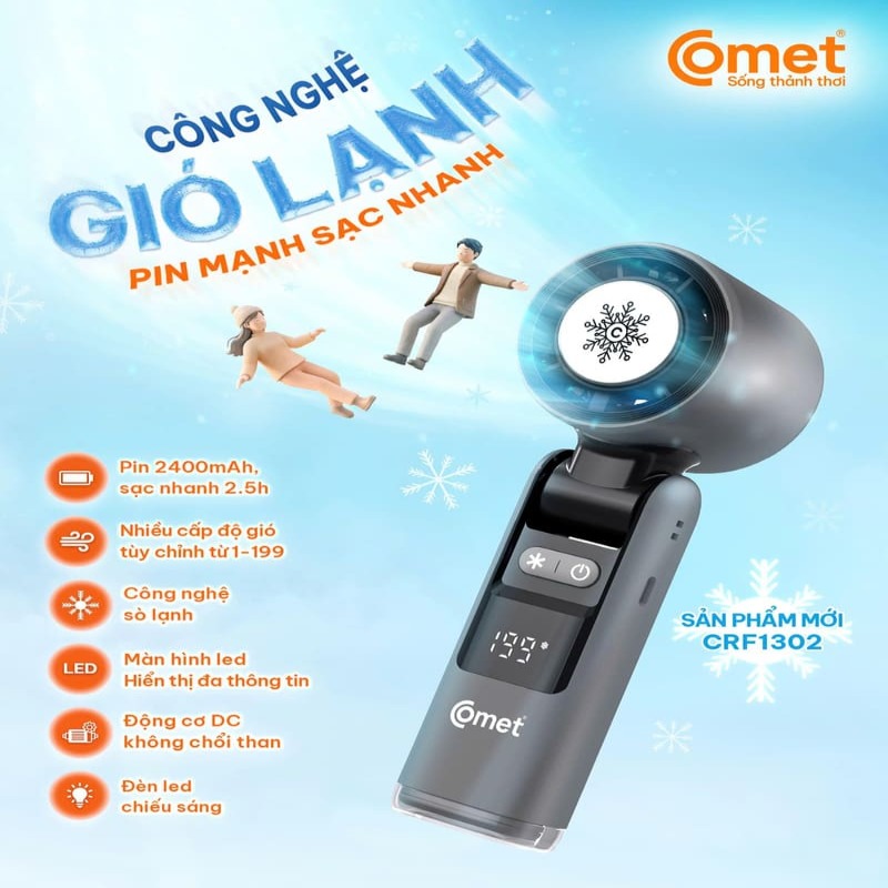 Quạt sạt cầm tay Comet CRF1302 màn hình Led 199 cấp độ gió tùy chỉnh