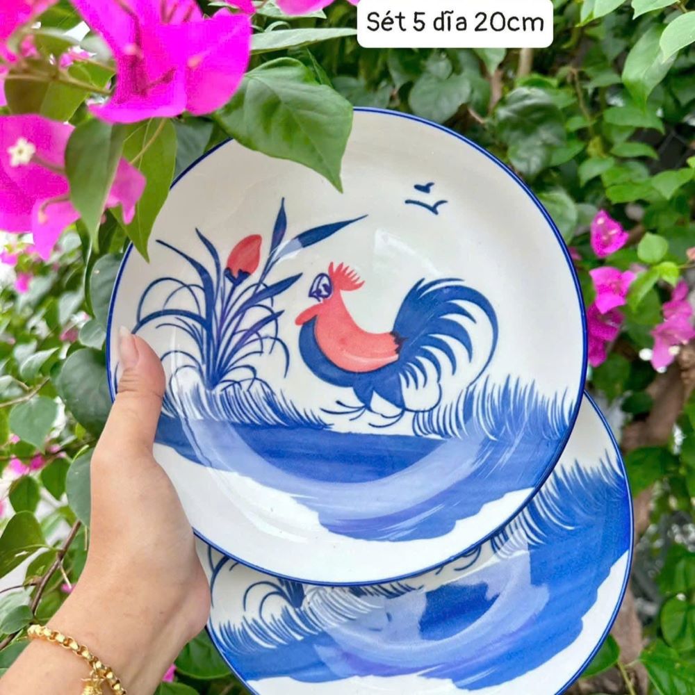 Đĩa sứ trắng họa tiết gà trống đông hồ size 6