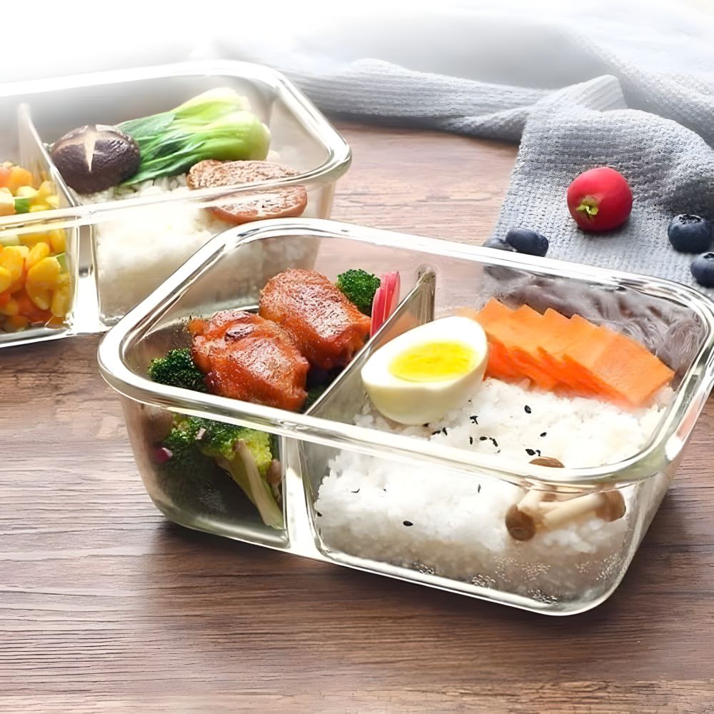 Hộp đựng cơm văn phòng thủy tinh chia 2 ngăn