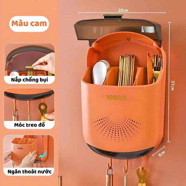 Hộp đựng đũa muỗng dán tường có nắp đậy chống bụi bẩn