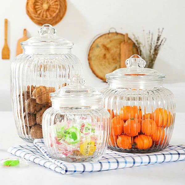 Hũ thủy tinh sọc đựng thực phẩm nắp đậy hình trái bí 1250ml