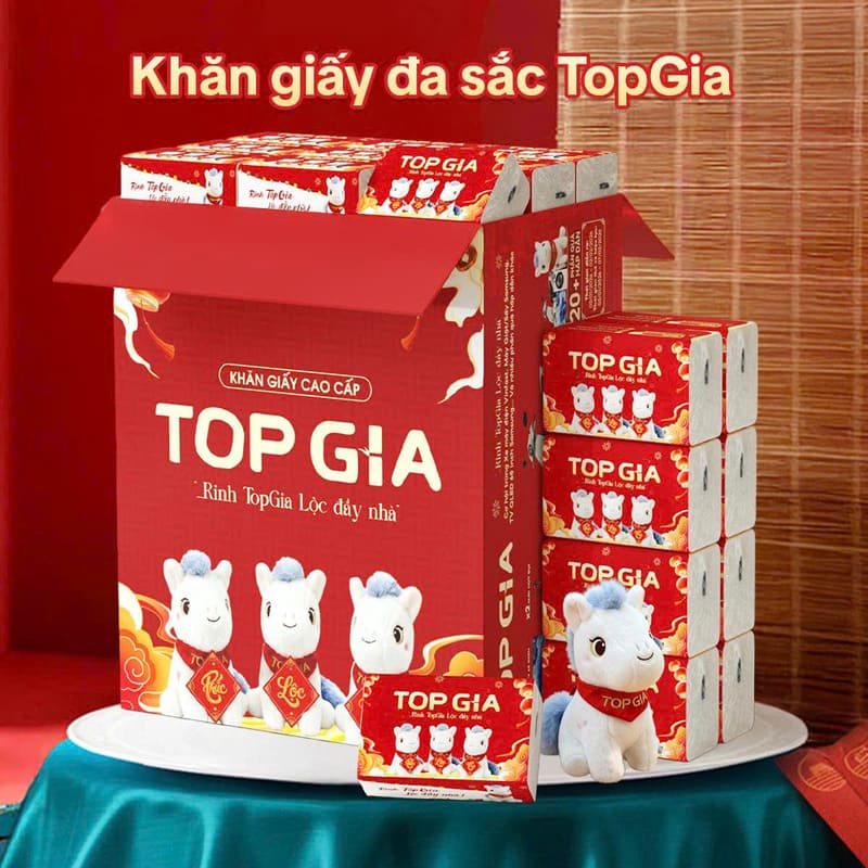 Thùng 20 gói khăn giấy đa sắc tặng kèm ngựa bông Topgia
