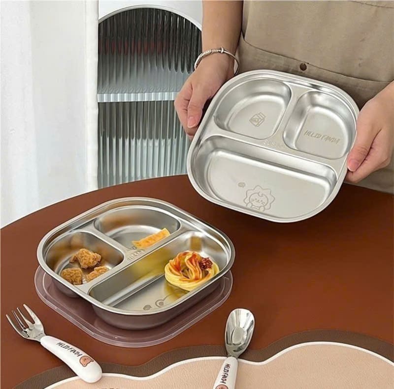 Khay cơm inox 3 ngăn kèm muỗng cho bé cao cấp Khay cơm inox 3 ngăn kèm muỗng cho bé cao cấp