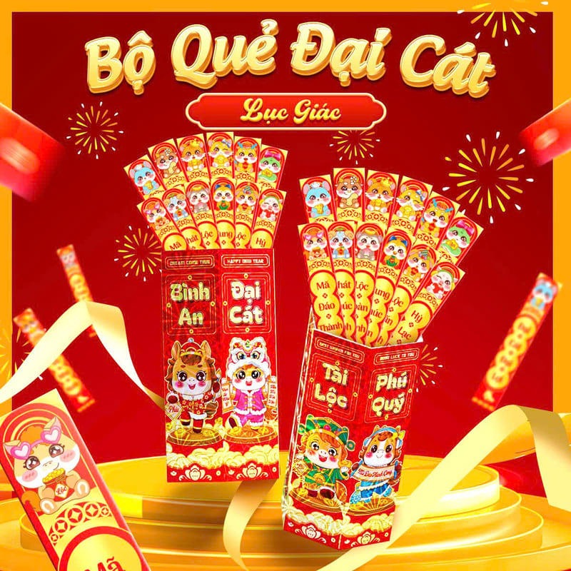 Bộ 12 bao lì xì gieo quẻ Lục Giác kèm hộp giấy