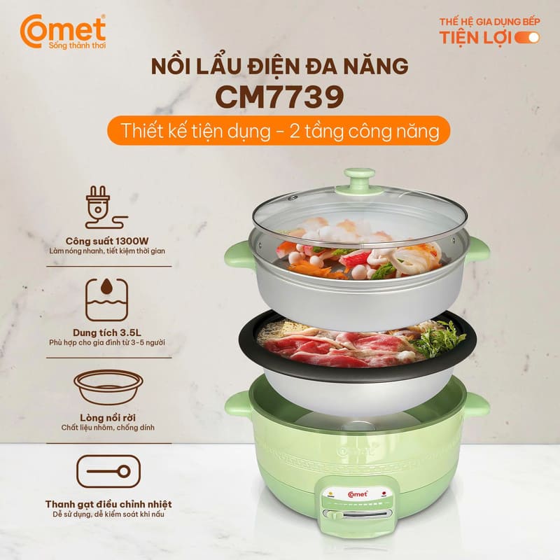 Nồi lẩu điện có lồng hấp đa năng Comet CM7739 3.5L