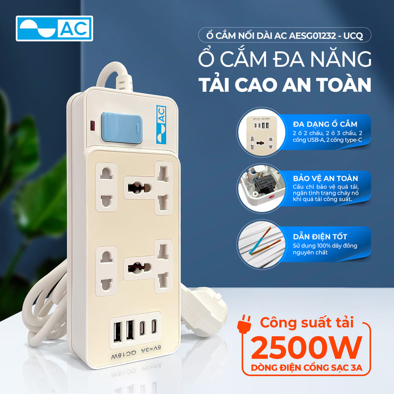 Ổ cắm điện nối dài AC AESG01232 - UCQ 8 cổng (USB & Type-C) 2500W, an toàn chống cháy