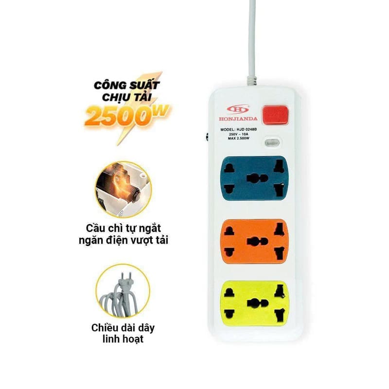 Ổ cắm điện có cầu chì tự động 6 lỗ dây 3m HJD-02B