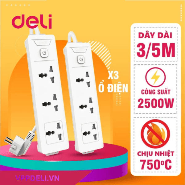Ổ cắm điện Deli 3 ổ cắm chịu tải an toàn ET401