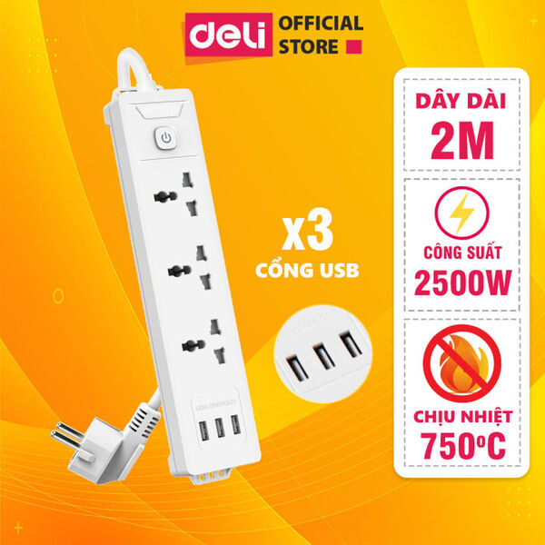 Ổ cắm điện Deli 3 ổ cắm + 3 cổng USB có công tắc ET408