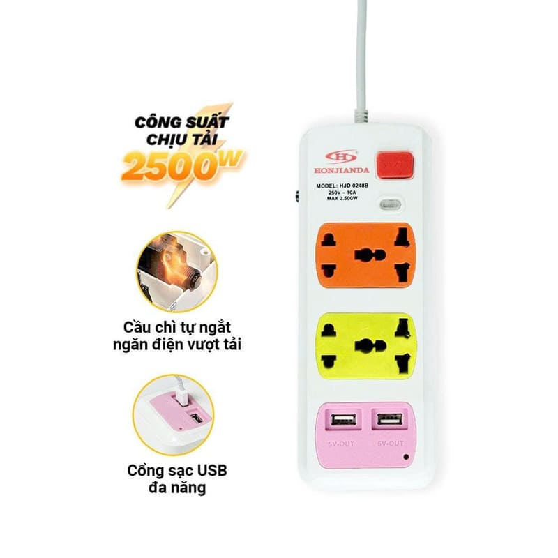 Ổ cắm điện có cầu chì tự động 4 lỗ dây 3m HJD 0236B-2U-3