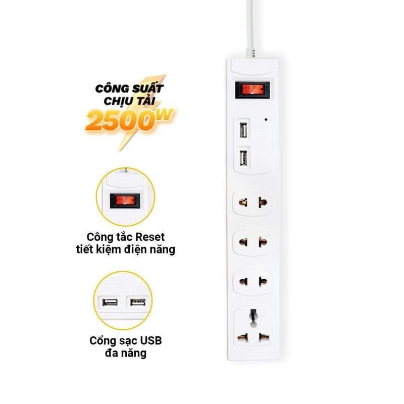 Ổ cắm điện chịu nhiệt 4 ổ cắm + 2 USB dây 3m HJD 0114R-2U