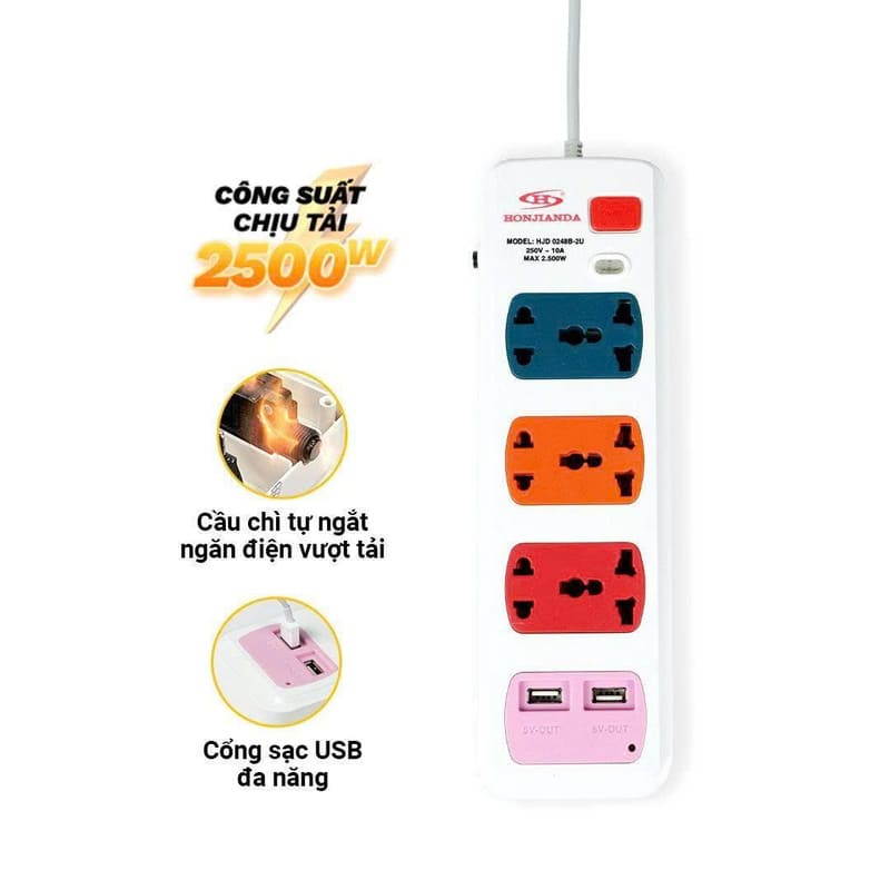 Ổ cắm điện có cầu chì tự động 6 lỗ + 2USB dây 3m HJD 0248B-2U