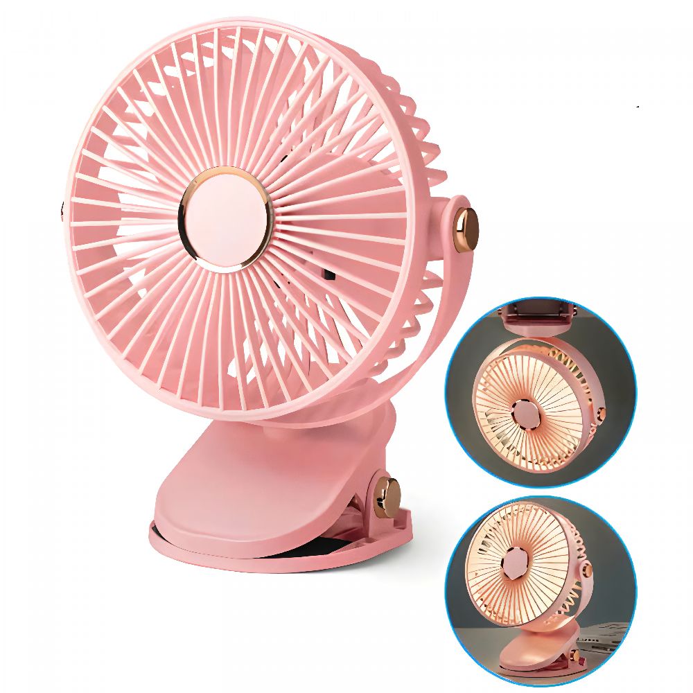 Quạt kẹp tích điện kèm LED để bàn xoay 720 độ QCL101