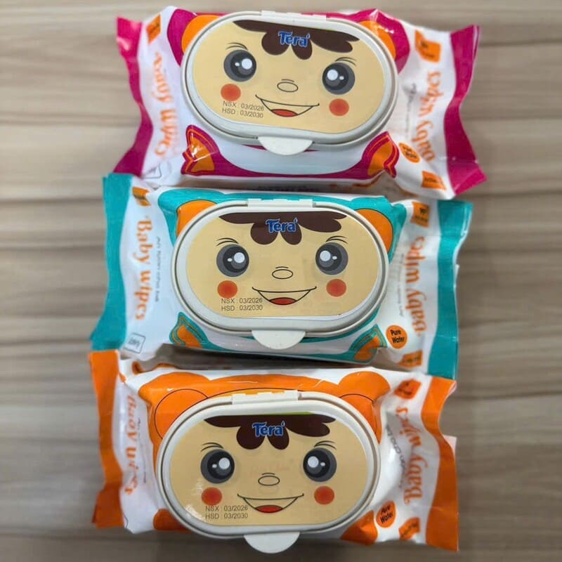 Thùng 30 gói khăn ướt Baby Wipes 3 màu gấu Tera 700g