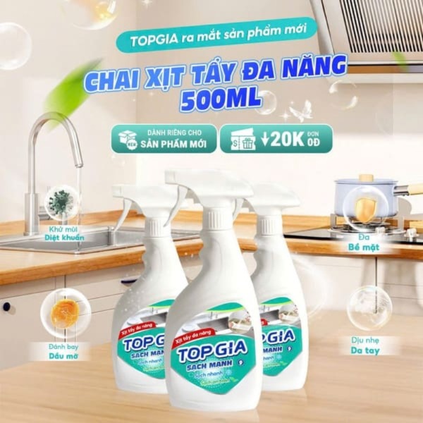 Thùng 3 chai xịt tẩy đa năng Topgia siêu mạnh, an toàn 500ml