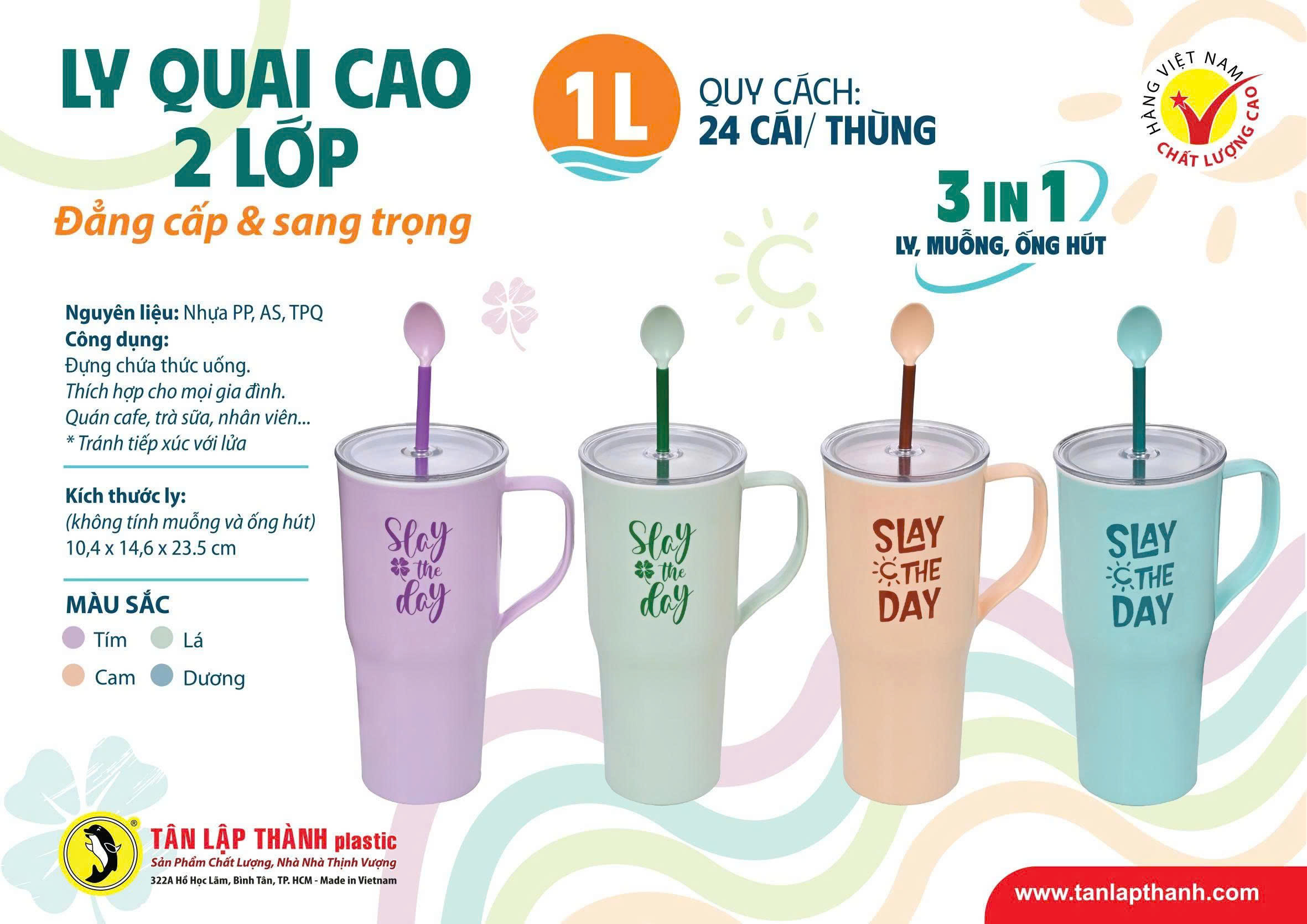 Ly quai cao kèm ống hút và muỗng 2 lớp 1L siêu xinh TLT