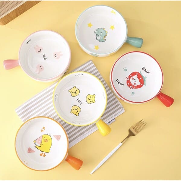 Tô sứ đựng thức ăn có tay cầm hoạt tiết hoạt hình siêu cute