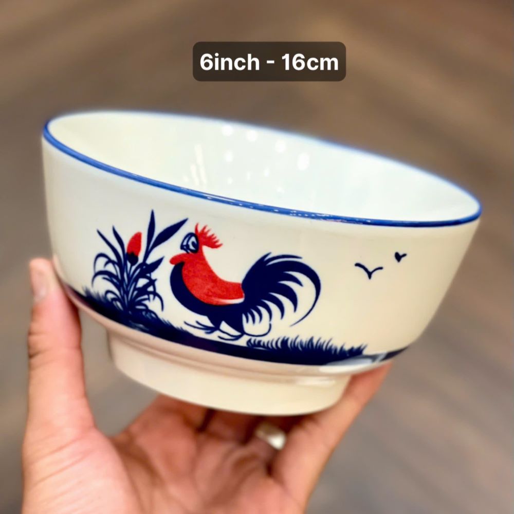 Tô sứ trắng họa tiết gà trống đông hồ size 6