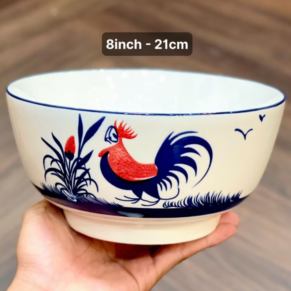 Tô sứ trắng họa tiết gà trống đông hồ size 8