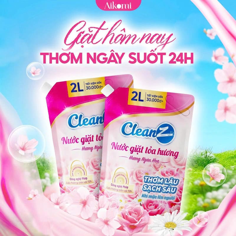 Thùng 2 túi nước giặt tỏa hương CleanZ túi 2L